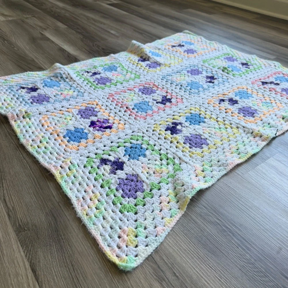 Handmade Crochet Granny Square Pastel Baby Blanket Vintage Patchwork Throw 33x42